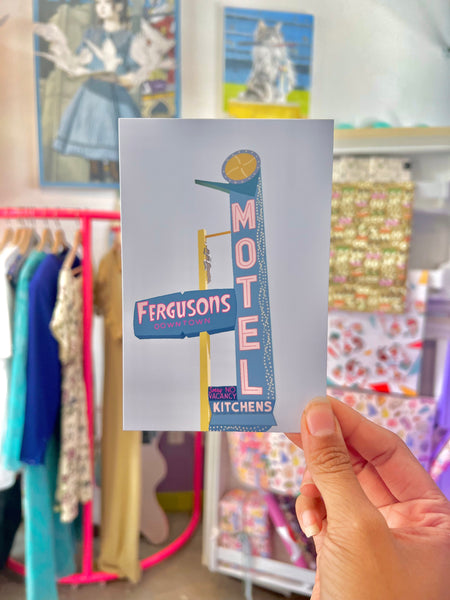 A hand-drawn illustration of the iconic Fergusons Downtown sign, showcasing intricate details and vibrant colors. Capturing the artistic charm of this cultural hub in Las Vegas.
