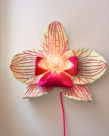 Orchid Sculptural Lamp – Lemon Green with Merlot Stripes